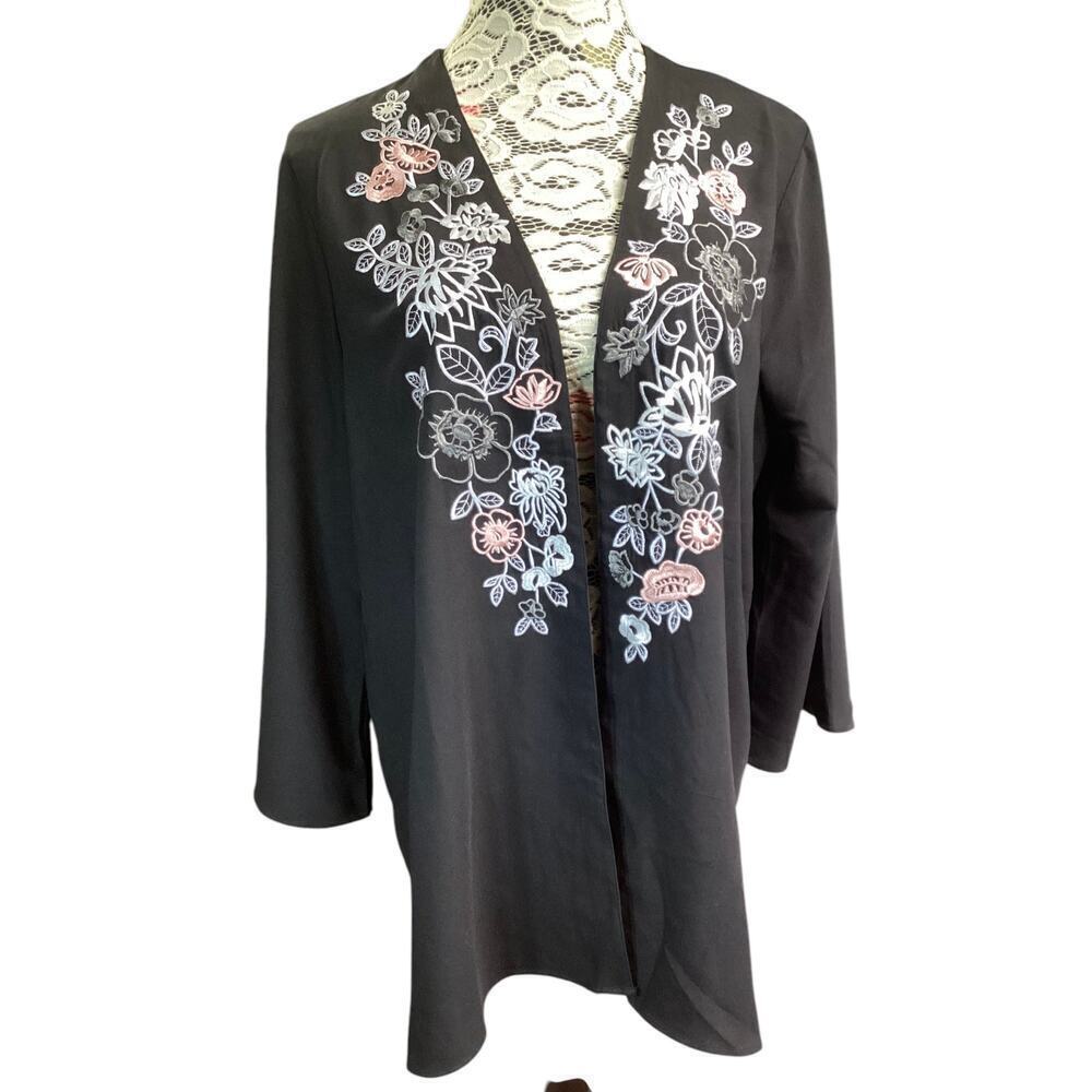 Isaac Mizrahi Live! Women's L Kimono Embroidered black